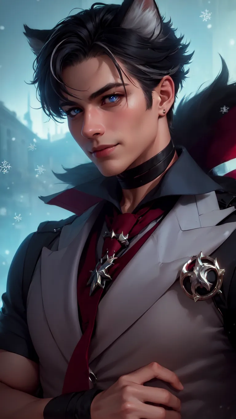 the character with black hair and blue eyes is dressed as a vampire in an elaborate costume, red tie and bow, silver collared jacket
