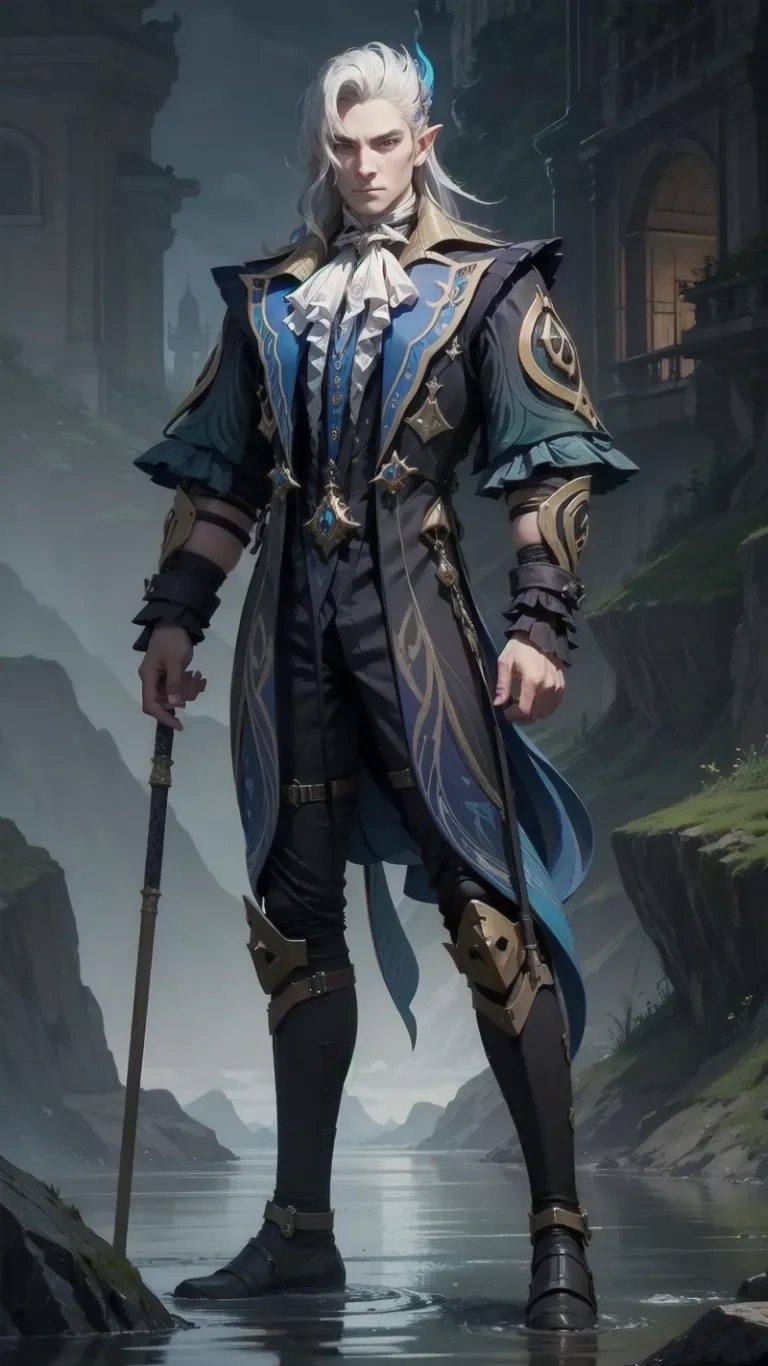 a man who has come to be the great master of hell for warhammers, wearing his fantasy robes and blue clothes with a staff
