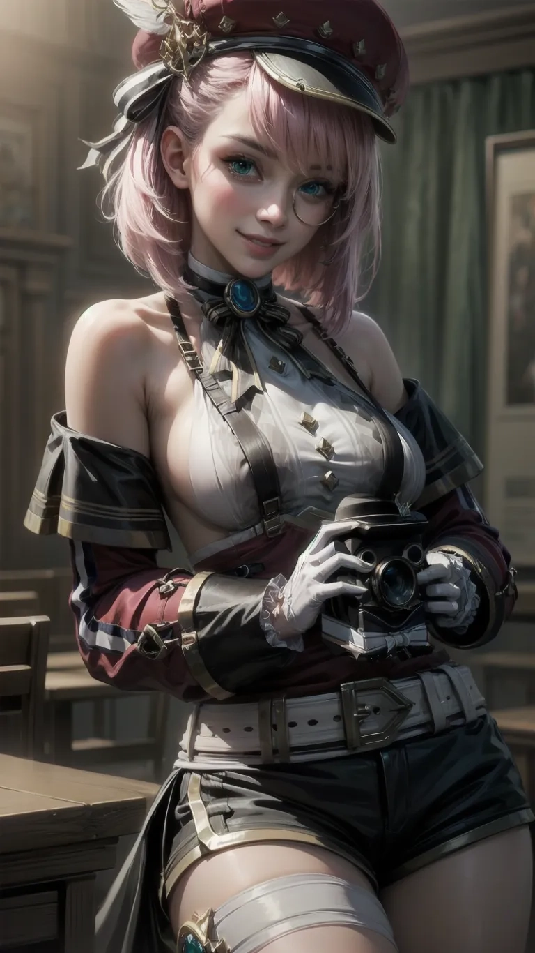 an image of a lady with a camera and pink hair sitting outside in front of the table on her chest, taken from behind her
