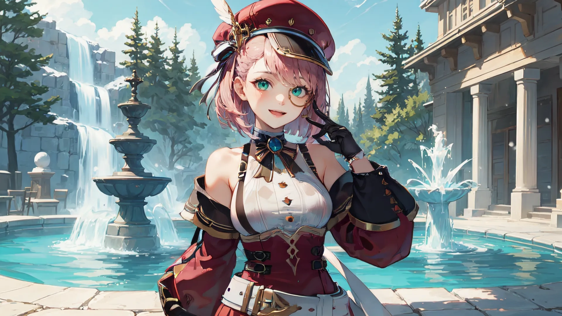 an anime girl is standing by a fountain and has a sword in her hand on her shoulders and has pink hair in front of a building
