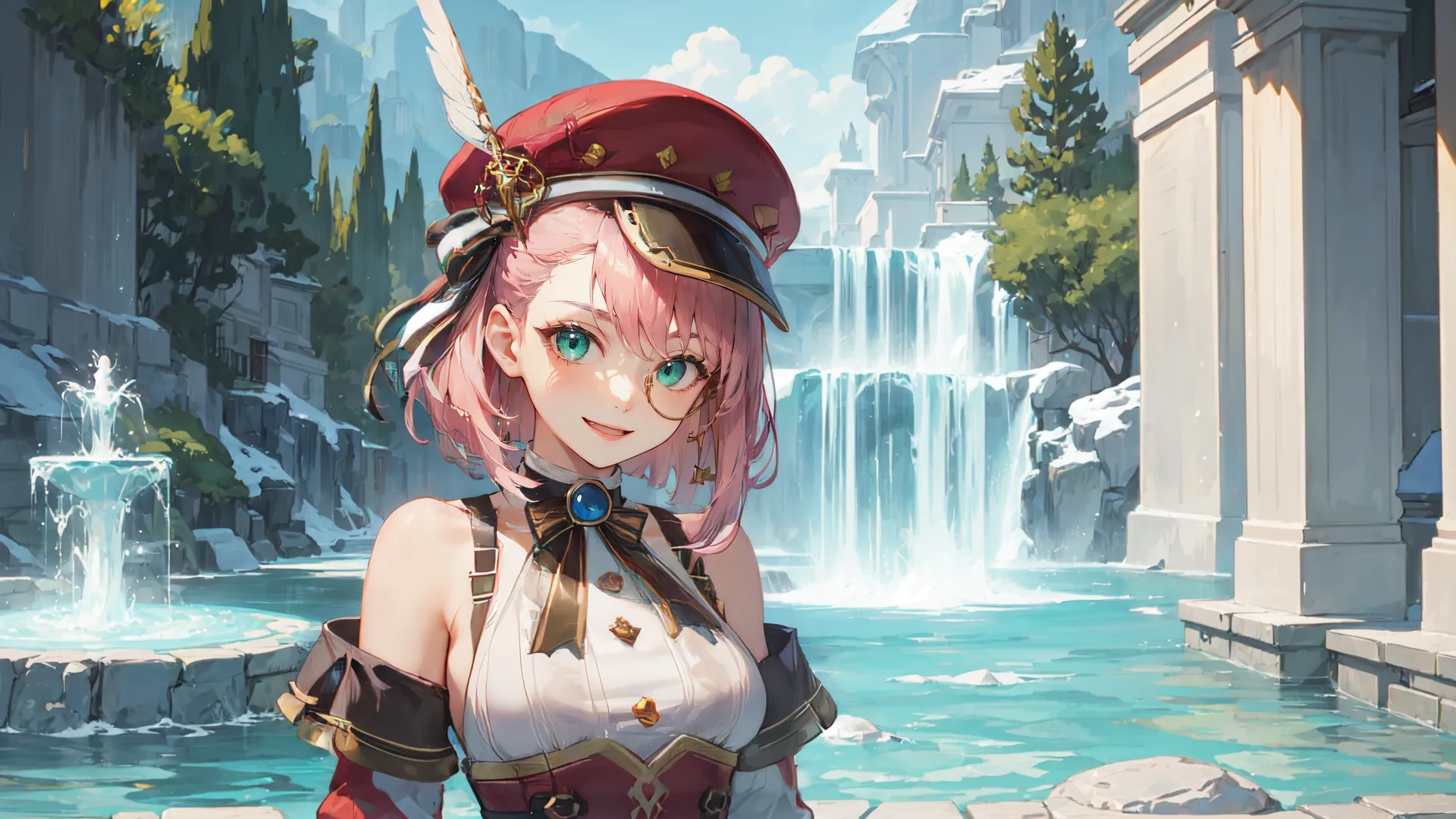 a beautiful brunette woman dressed in anime outfits by a stream of blue water with waterfall behind her and mountains in the distance in the picture
