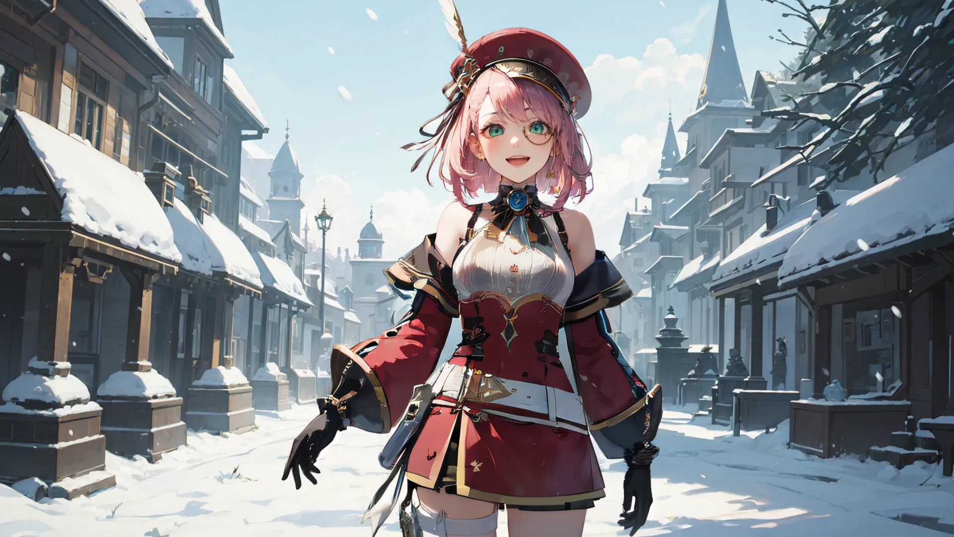 a woman is wearing pink hair and wearing an elaborate dress with a sword on the street in a residential area covered in snow and a town
