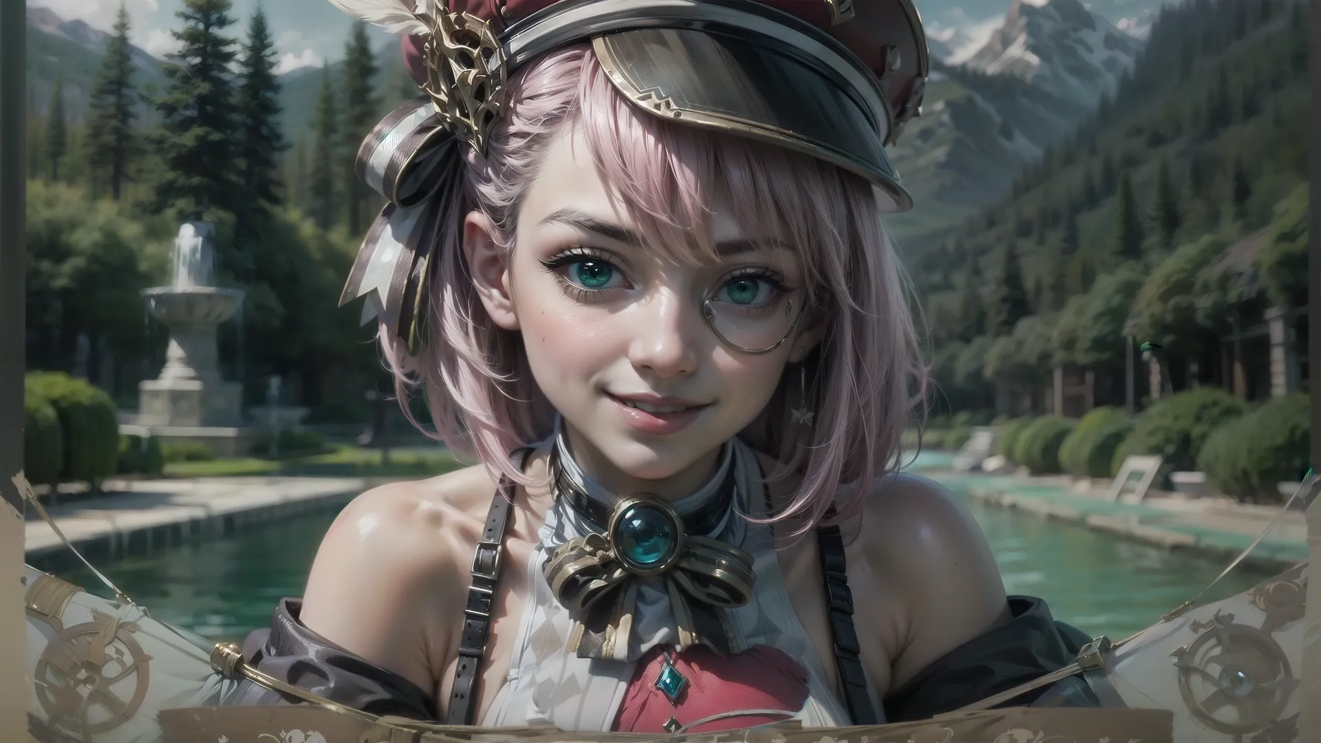 a female character is in a scene made of an anime movie set with many decorations around her head and shoulders and some on each side of them is a mountain behind it
