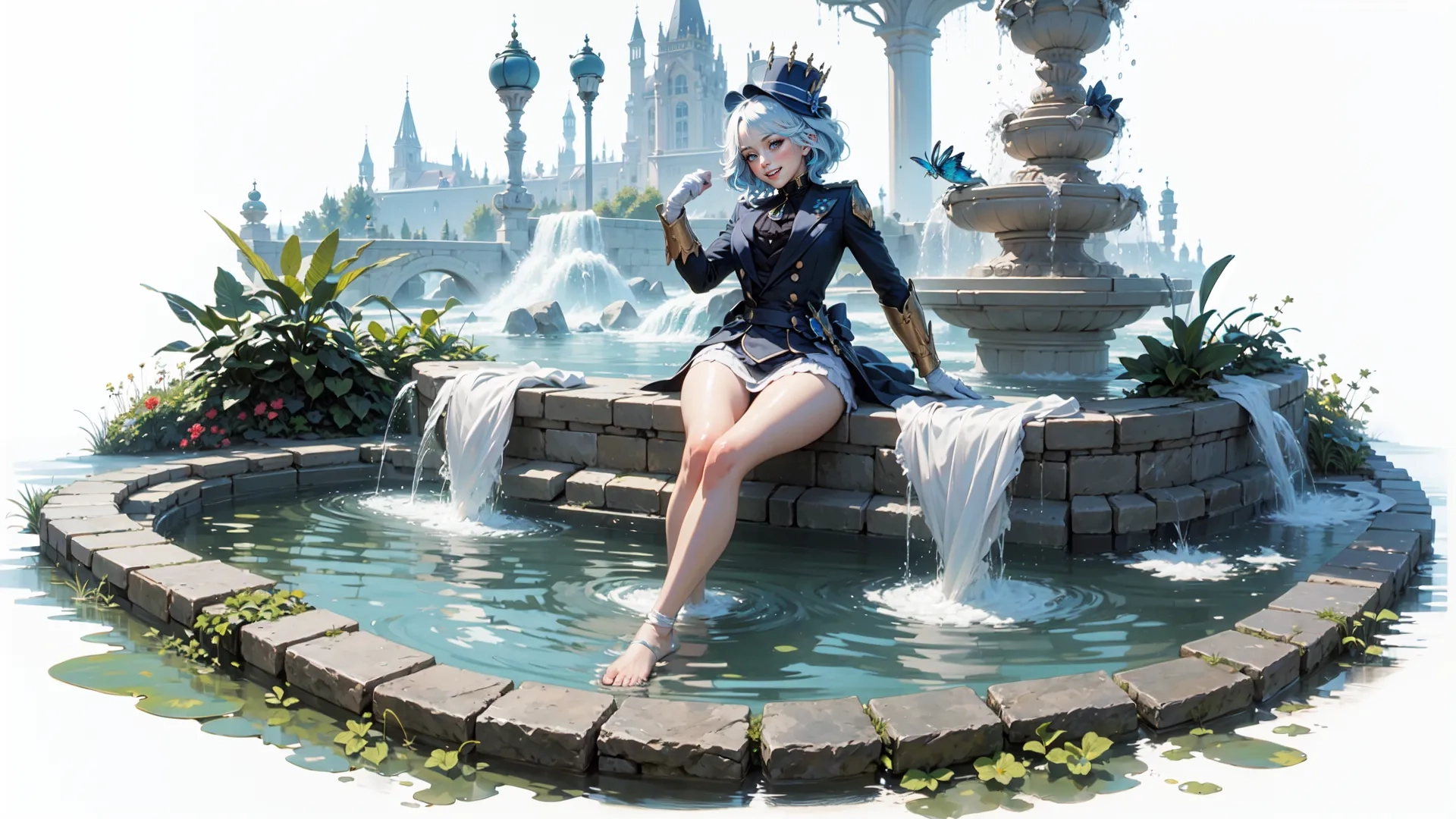 a young girl sitting on a fountain near small waterfalls in a park with a castle in the background and fountains pouring water over her her
