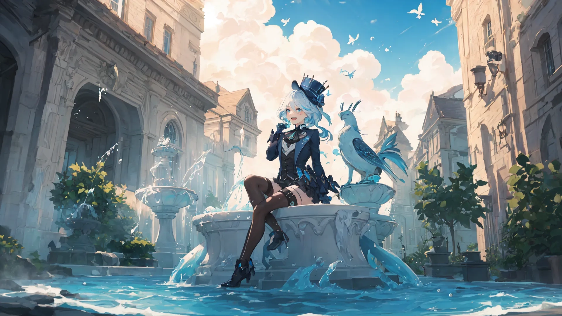 an animation scene of a girl on a fountain with swans and birds in her hand, and a building in the background, behind it
