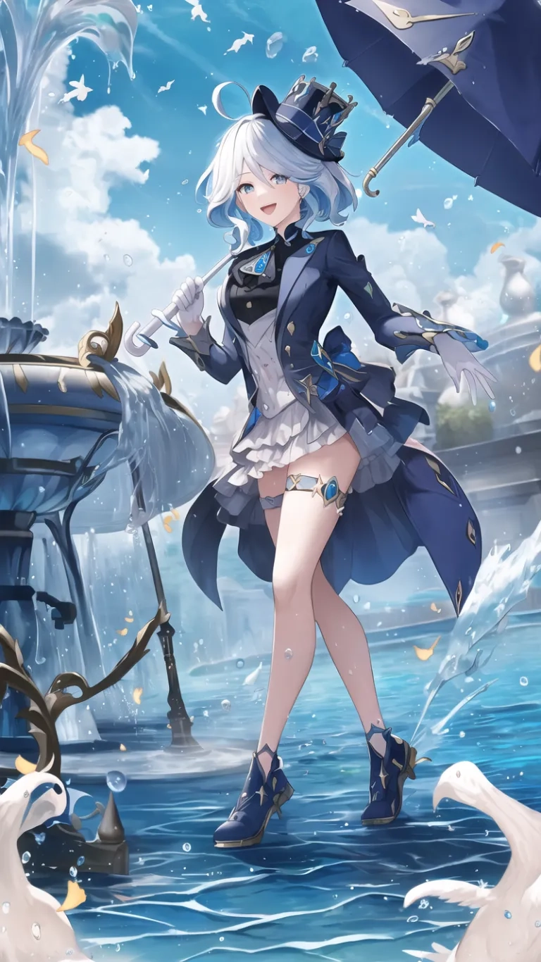 anime girl holding umbrella standing in the water and geese looking on behind her and one bird standing next to her by the fountain and the fountain
