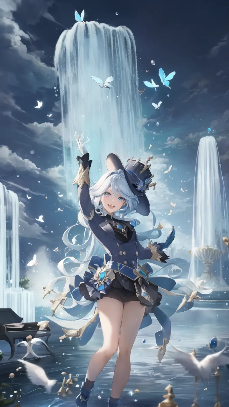 this anime girl has her blue hair flying above her head and is wearing dark clothing with two birds surrounding her leg in water floating feathers
