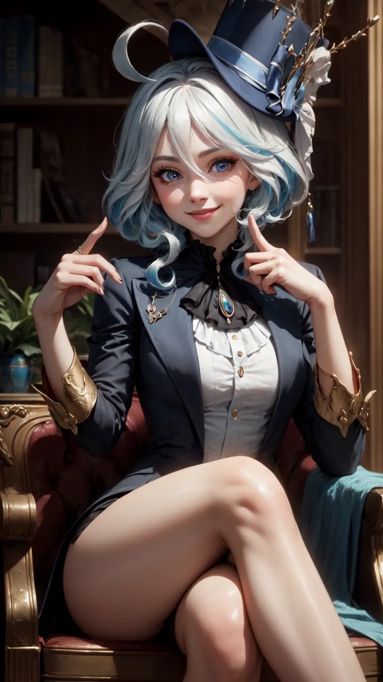 a character with blue hair sitting on a chair by a bookcase as she models her new cosplaying outfit and hat from her anime project
