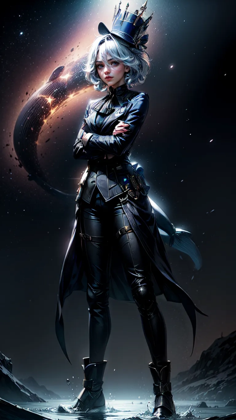 female character character with her arms crossed dressed in futuristic style, on the planet, in a fantasy space setting, on a black background
