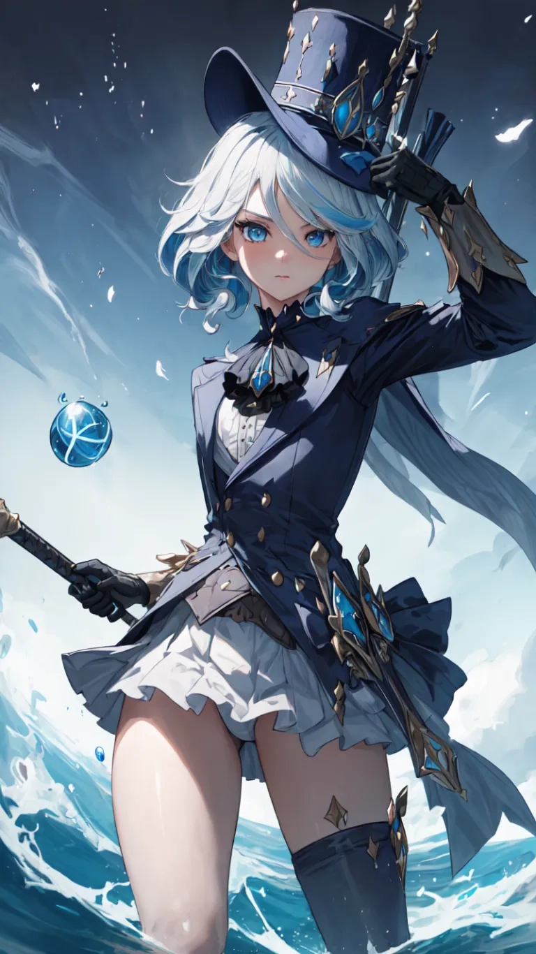 an anime - style photo of an attractive woman with blue hair and a fancy dress on, holding a crystal ball in hand, above water and sea waves

