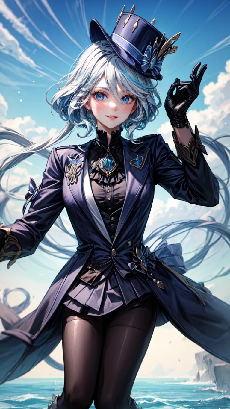 a woman standing on a body of water with long white hair and holding a black glove on her hip and hand with clouds floating in the back
