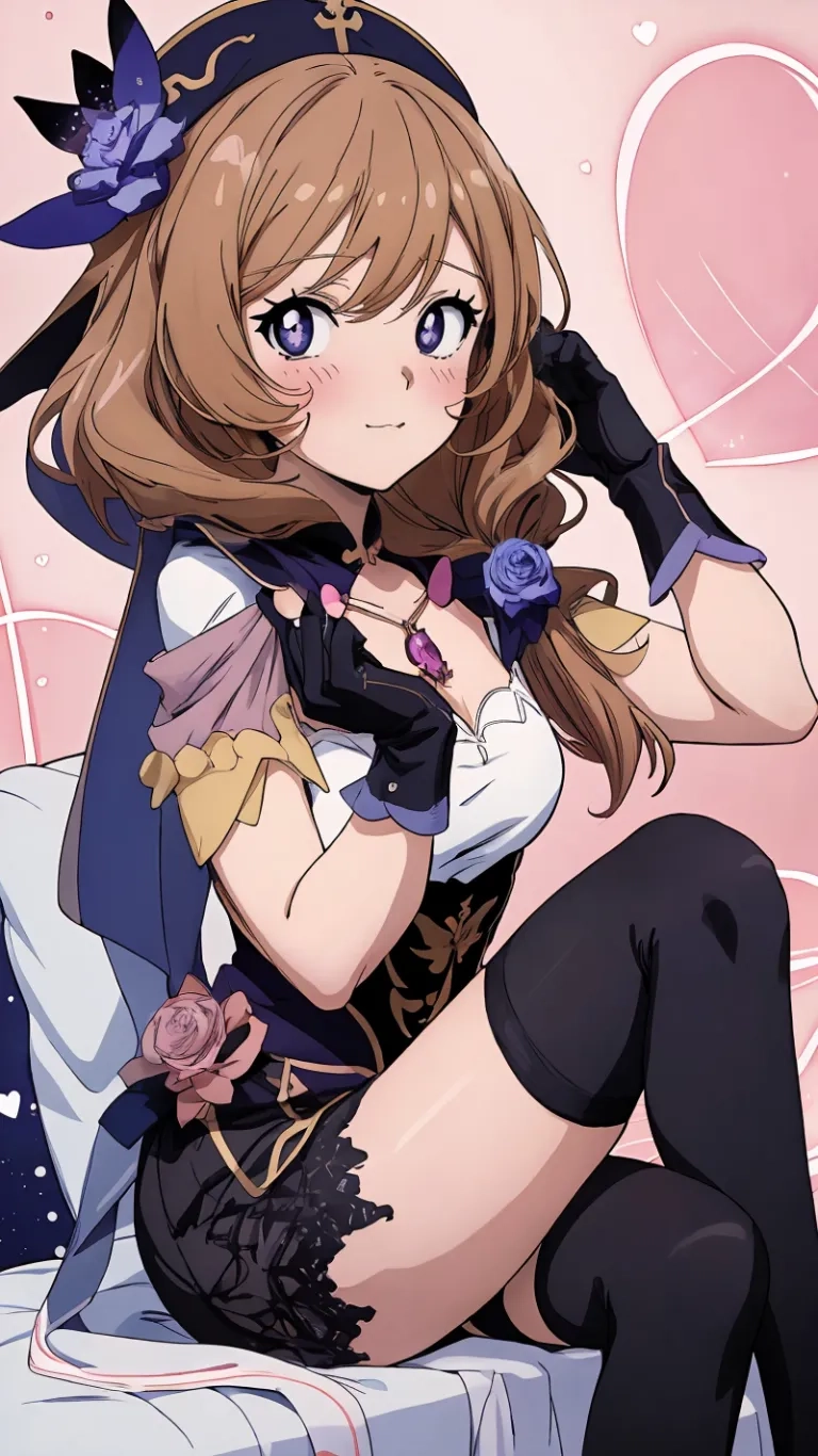 an anime heroine character is shown sitting on her bed holding up a flower in one hand and wearing gloves across the other from the other side to her left
