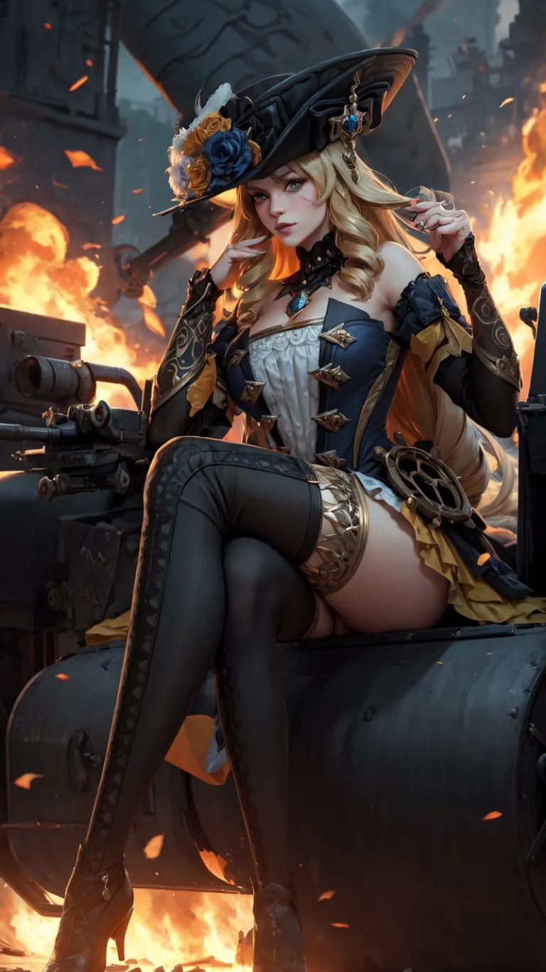 a woman in some steam punk garb, sitting on something big with flames around her behind her and a bike by the road outside
