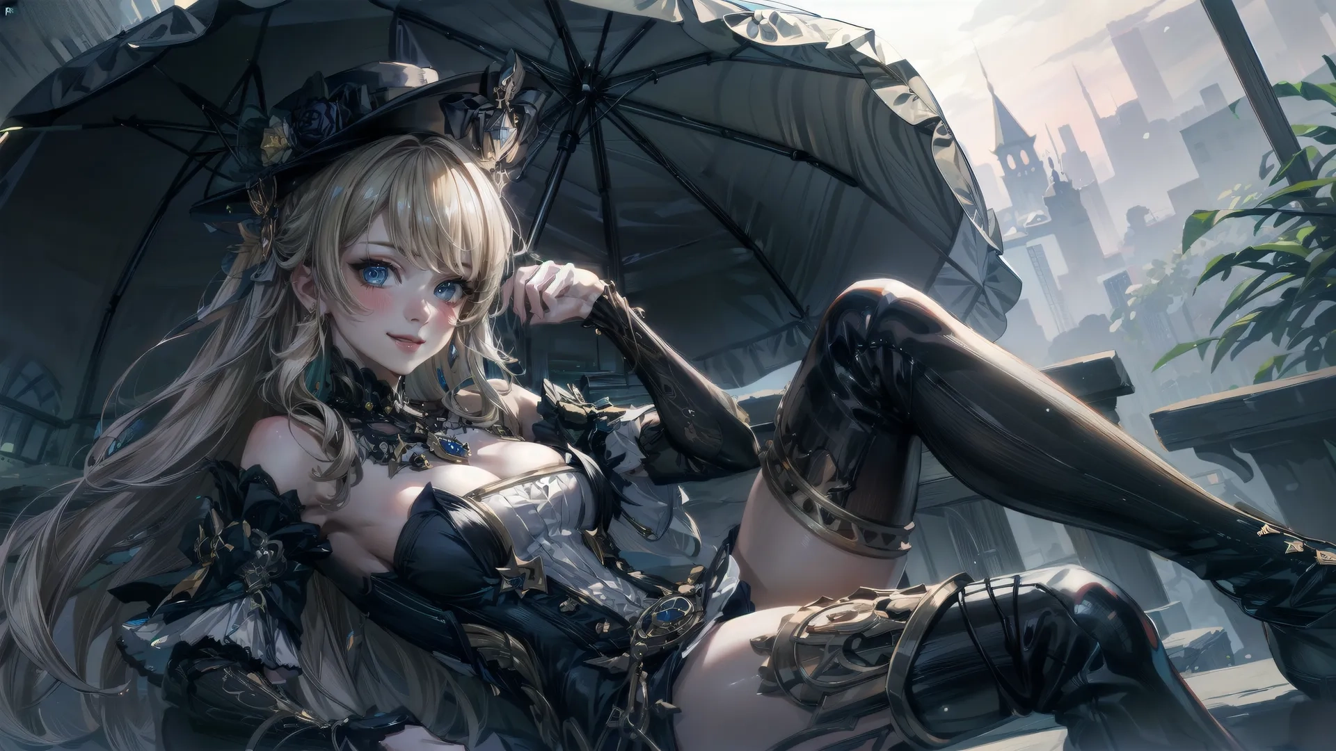 a anime couture posing on the ground with an umbrella on hand and sitting on a bench with feet crossed in it's heels
