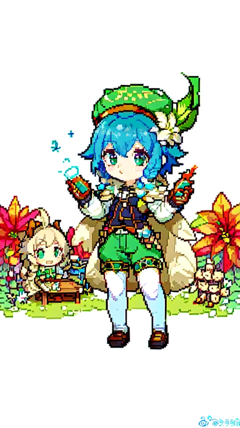 anime style pixel art that has an elf theme on the back and a squirrel sitting in front of him on a garden with flowers behind the woman wearing a hat
