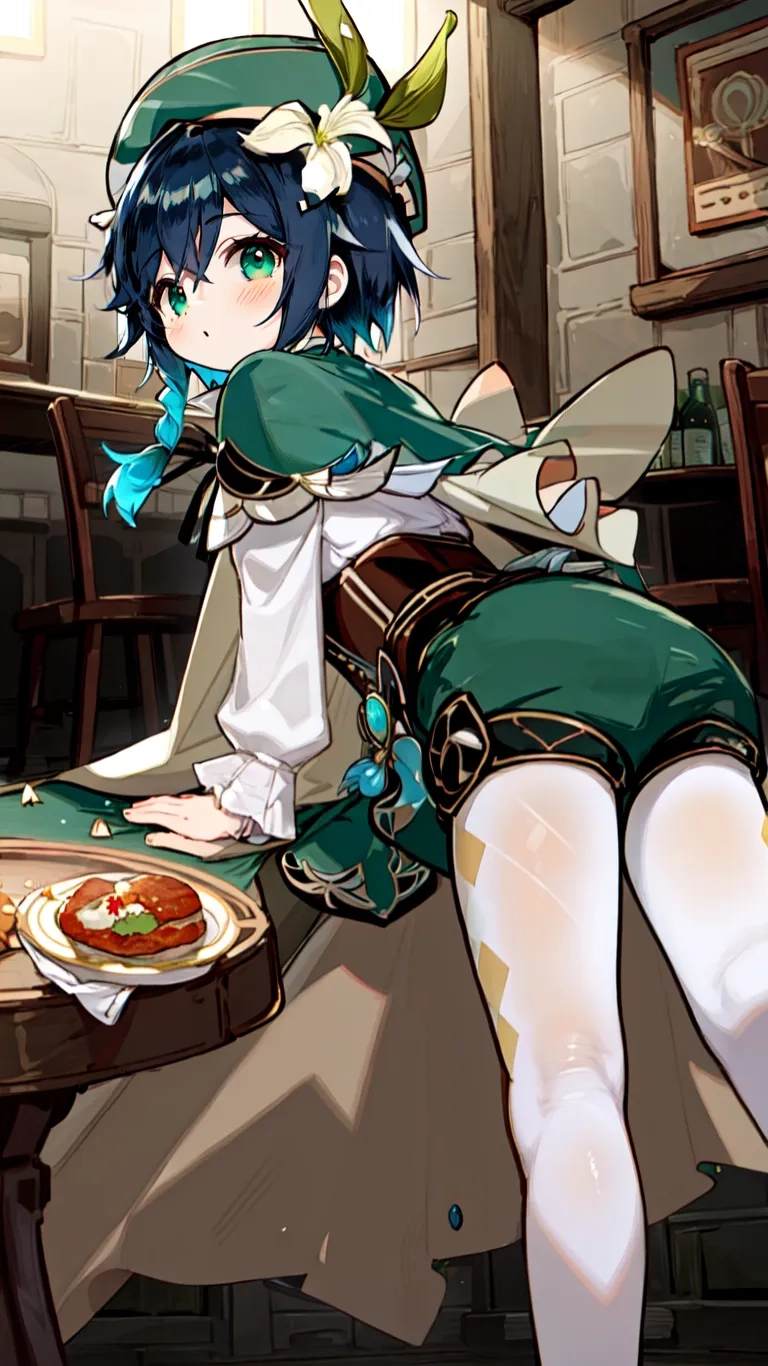 a anime character sitting at a table, eating pizza or wine and drinking coffees, leaning over an all - girl chair, with a hat and a table
