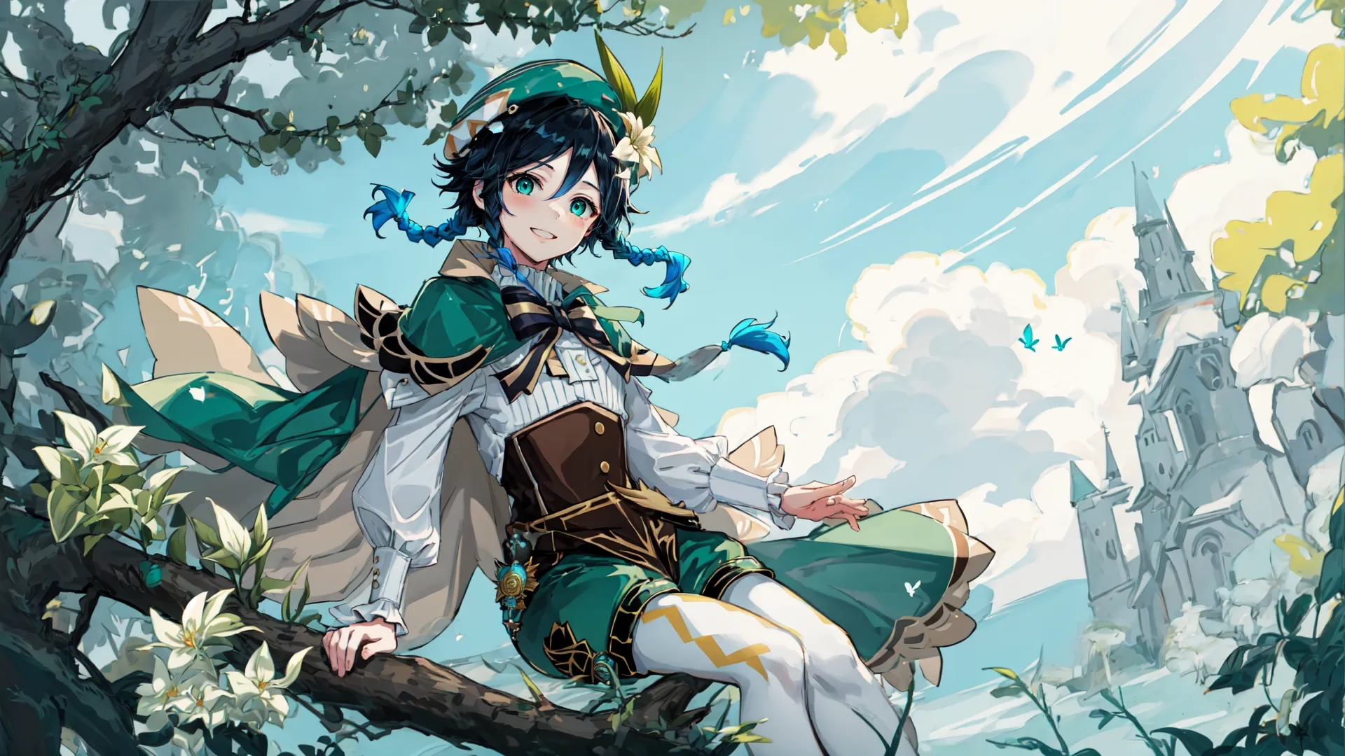 an anime painting of a girl dressed in a forest, with a tower beyond her back in the background, and the clouds, behind is a blue - white
