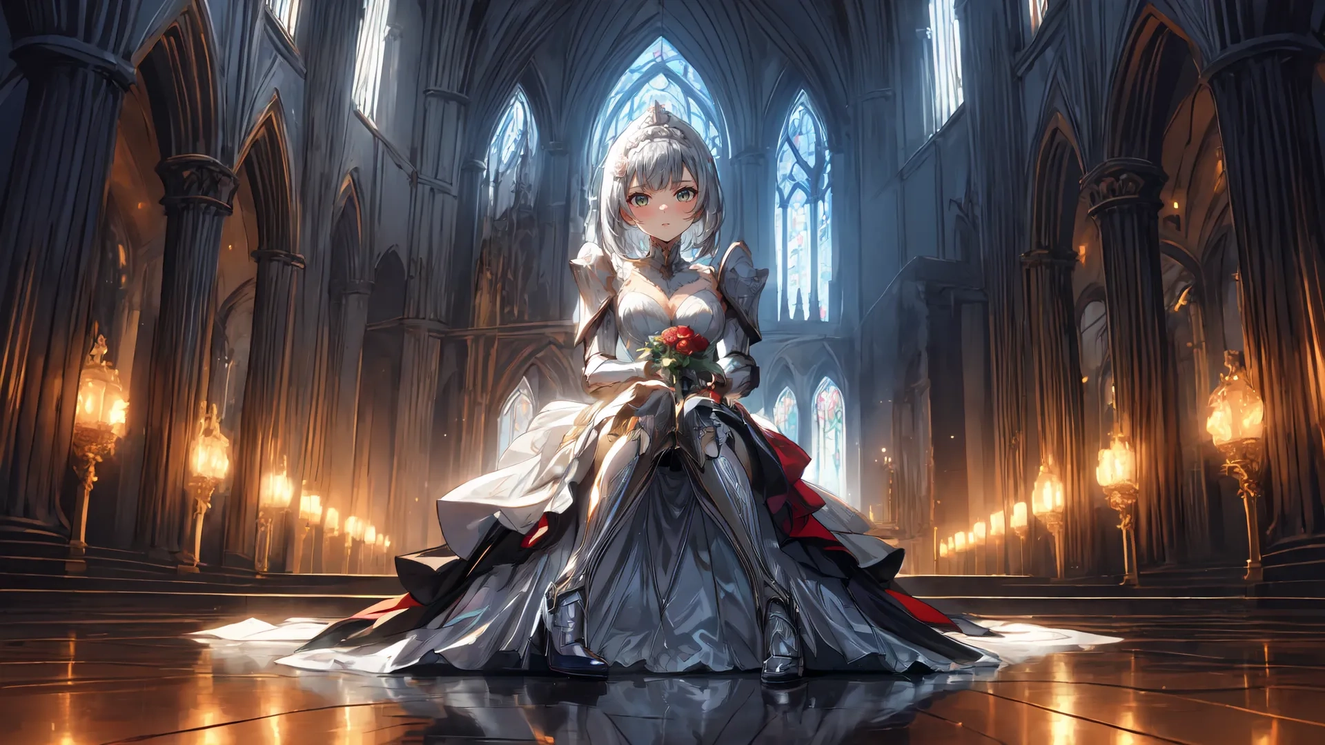 young lady dressed in a grey wedding gown posing with her sword and flower bouquet near lighted castle windows in evening light scene with lighting effect
