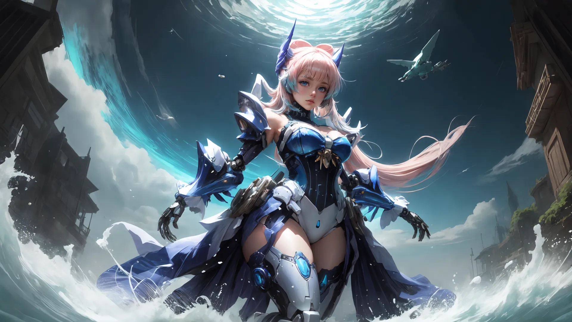 the art work is a fantasy girl in the sea with an ice crystalsite cape and a fish headdress that includes a large cat and a large tail
