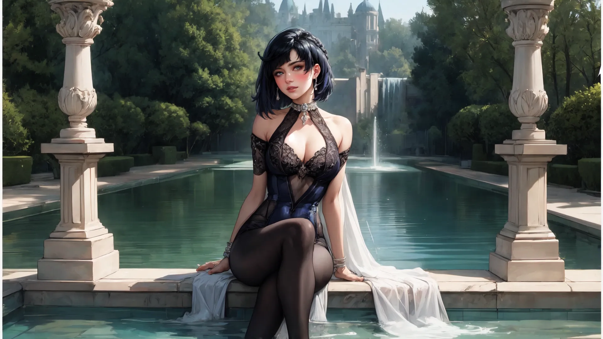 the sexy woman is posing in front of a fountain and lake with a castle behind her, and trees surrounding by, and behind her
