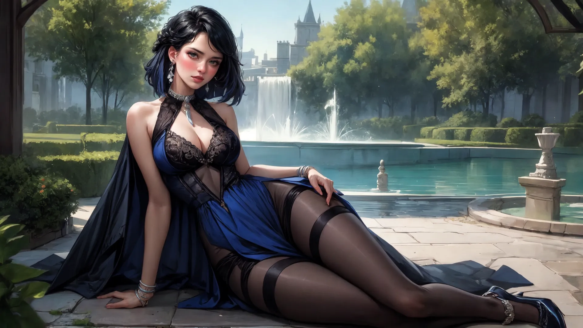 an illustration of a woman in blue and black lingerie sitting on a wall by the water surface and holding up her foot stockings,

