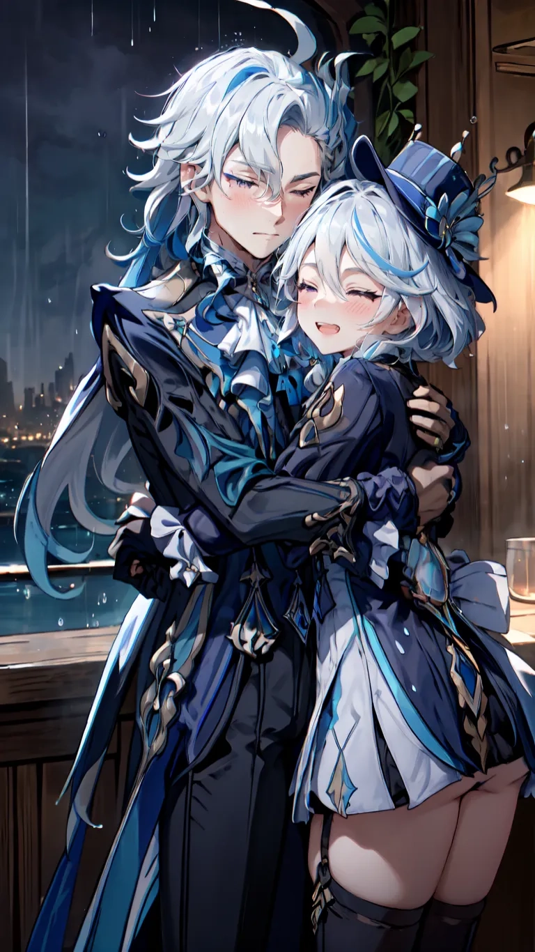 a drawing of two women with white hair hugging in the rain near a window and a light house on either side of them and a city night
