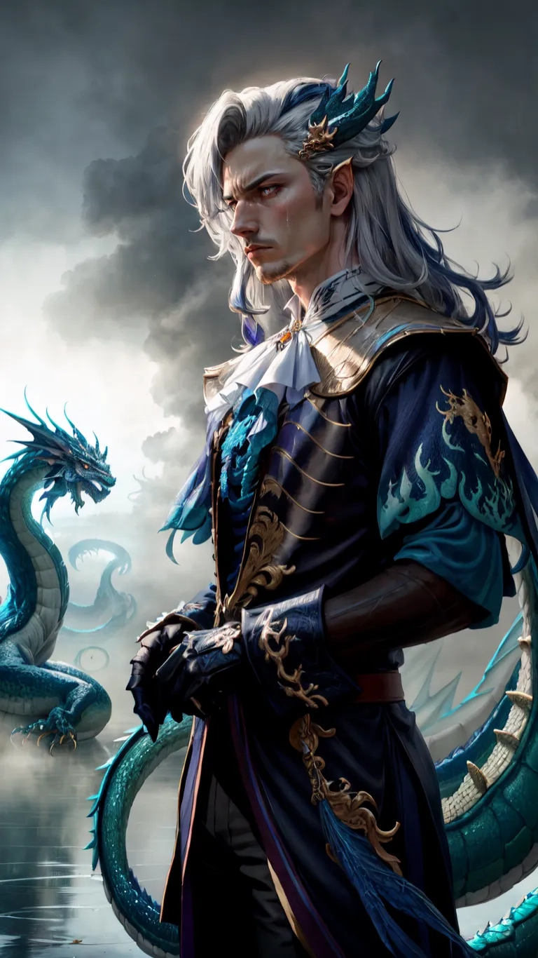 a man in black coat standing next to dragon with long white hair and long blue and gold hair on cloudy sky background, and dragon and water,
