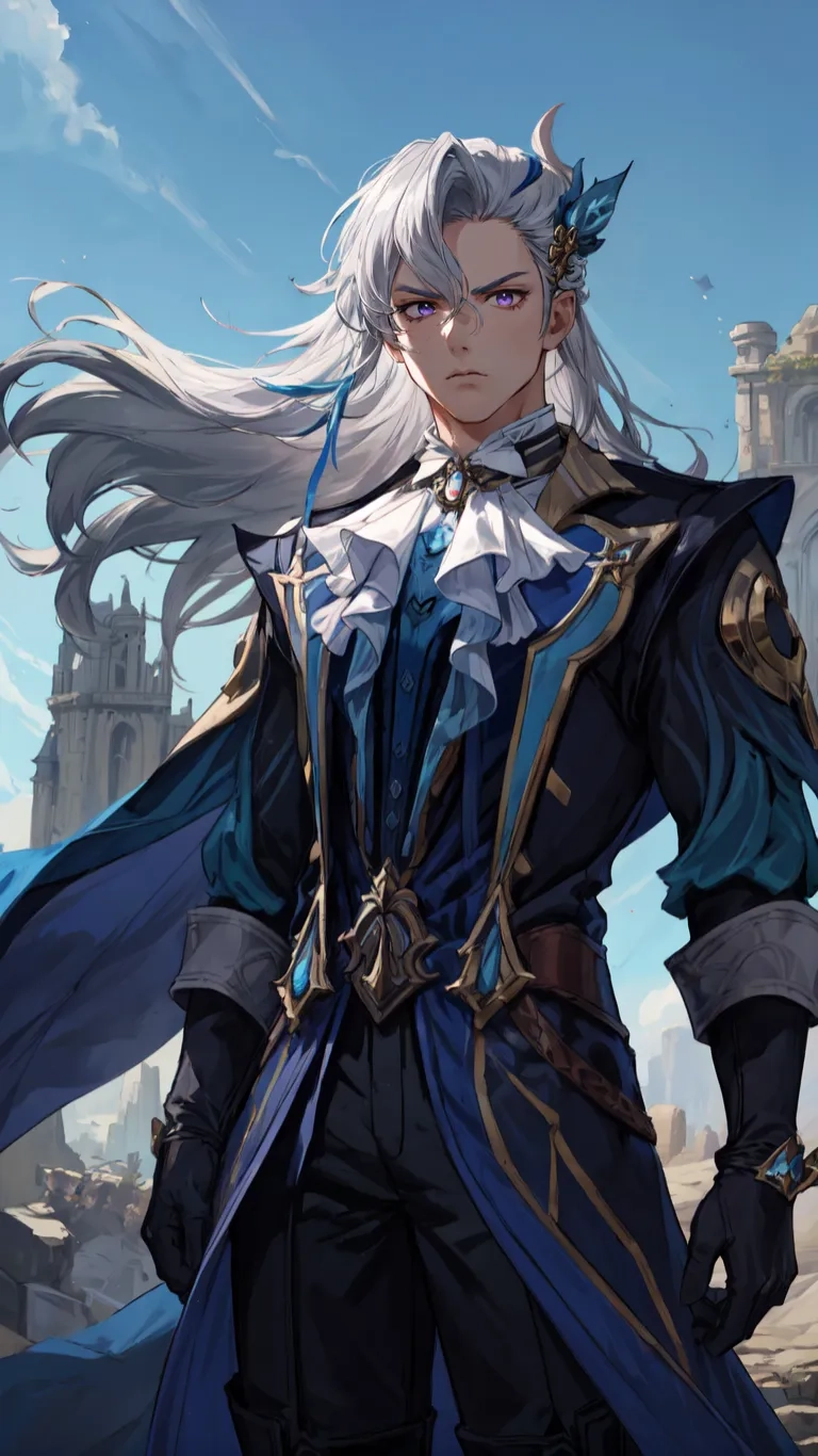 a guy with grey hair and blue eyes is holding his sword and looking out over an abandoned structure and castle in the background, above
