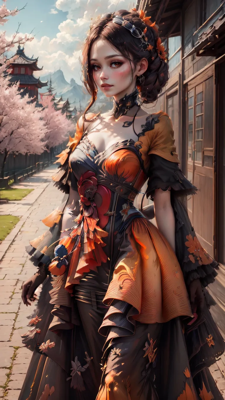 young woman wearing traditional japanese corset dressed in autumn colors on the street next to a building and blooming trees with pink and orange colored flowers
