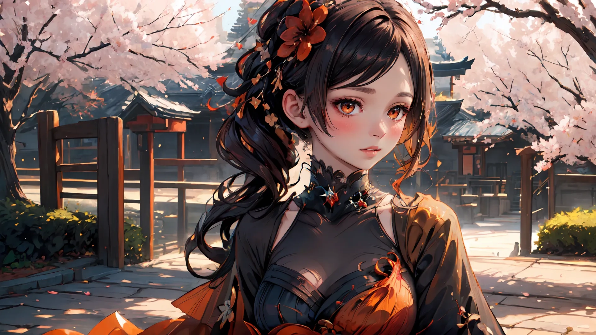 a picture of the girl that is in costume with a flower in her hair, standing on a sidewalk next to cherry blossoms and some trees in the street
