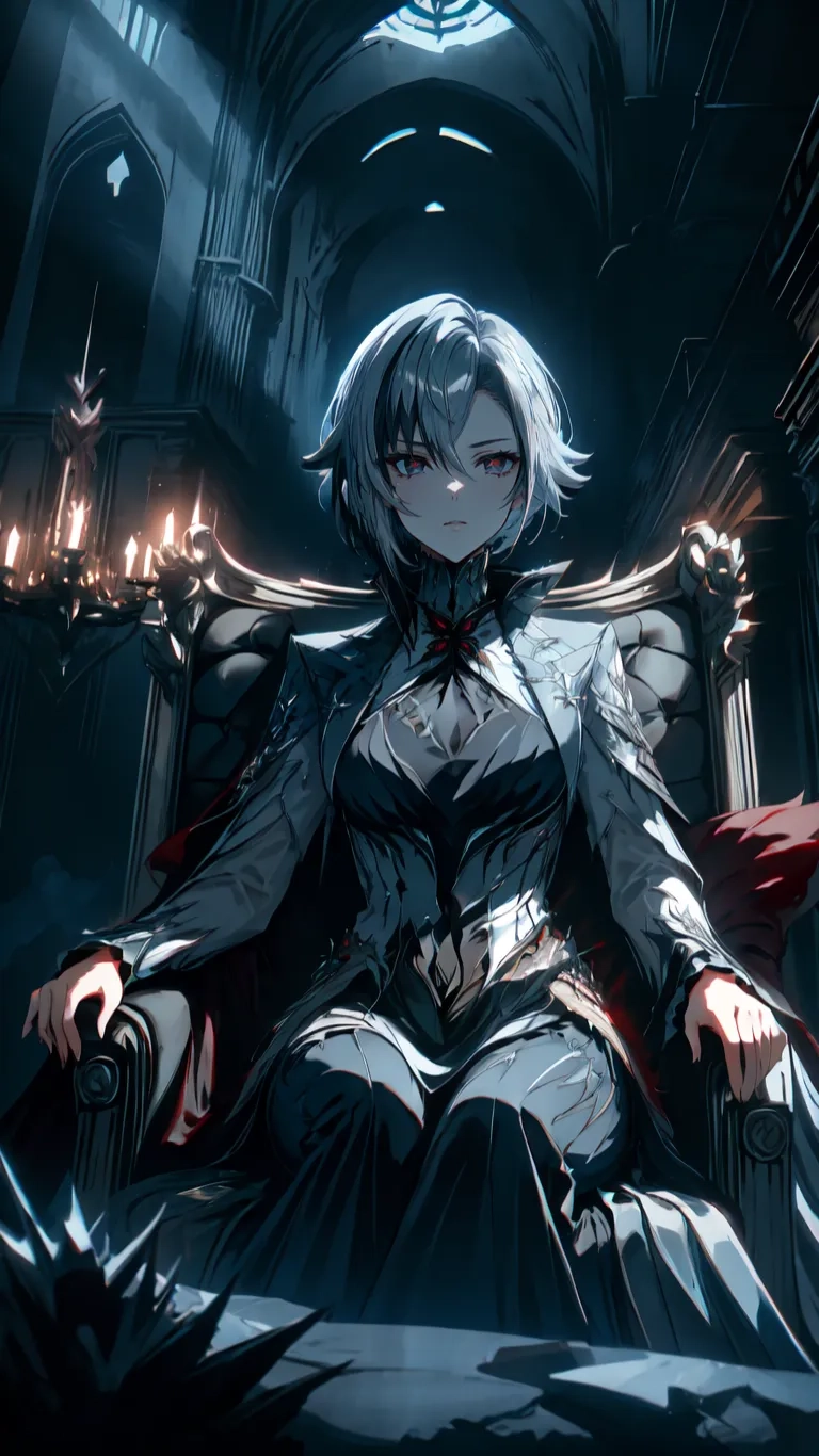 a female anime character sitting in a chair with a red and gray cape on it as if she is looking at something, a chandelighter
