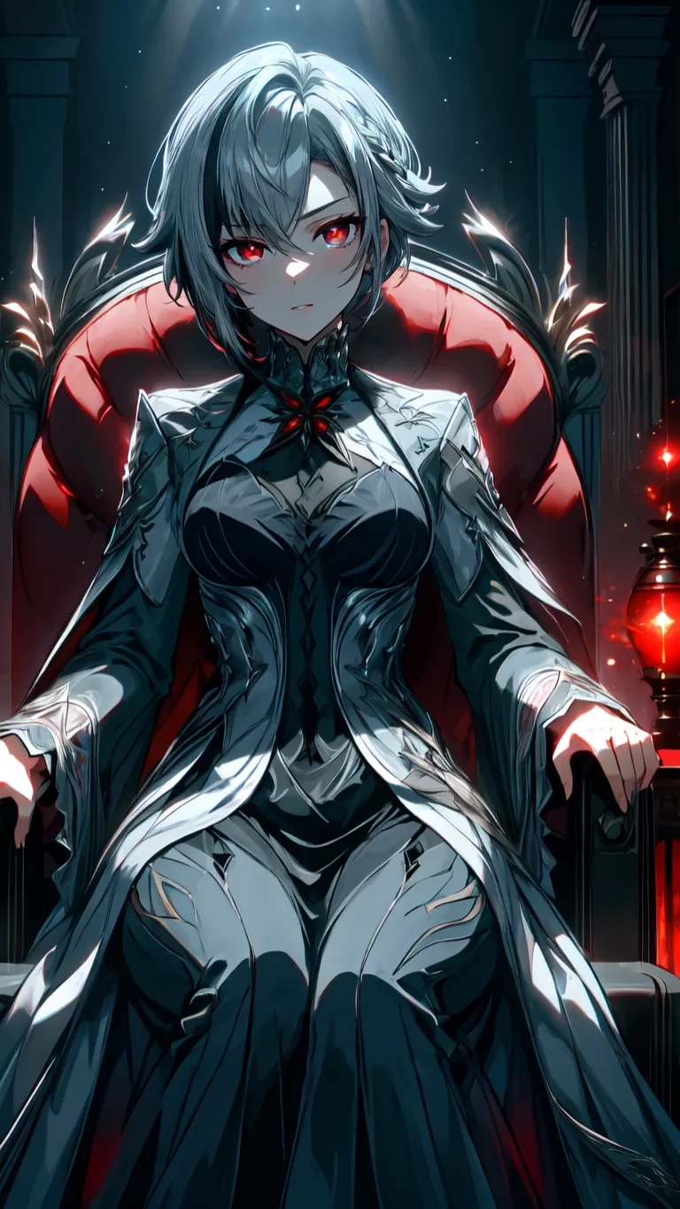 an image of a female character sitting on a throne with the moon shining over her head and red eyes all around her shoulder and arm
