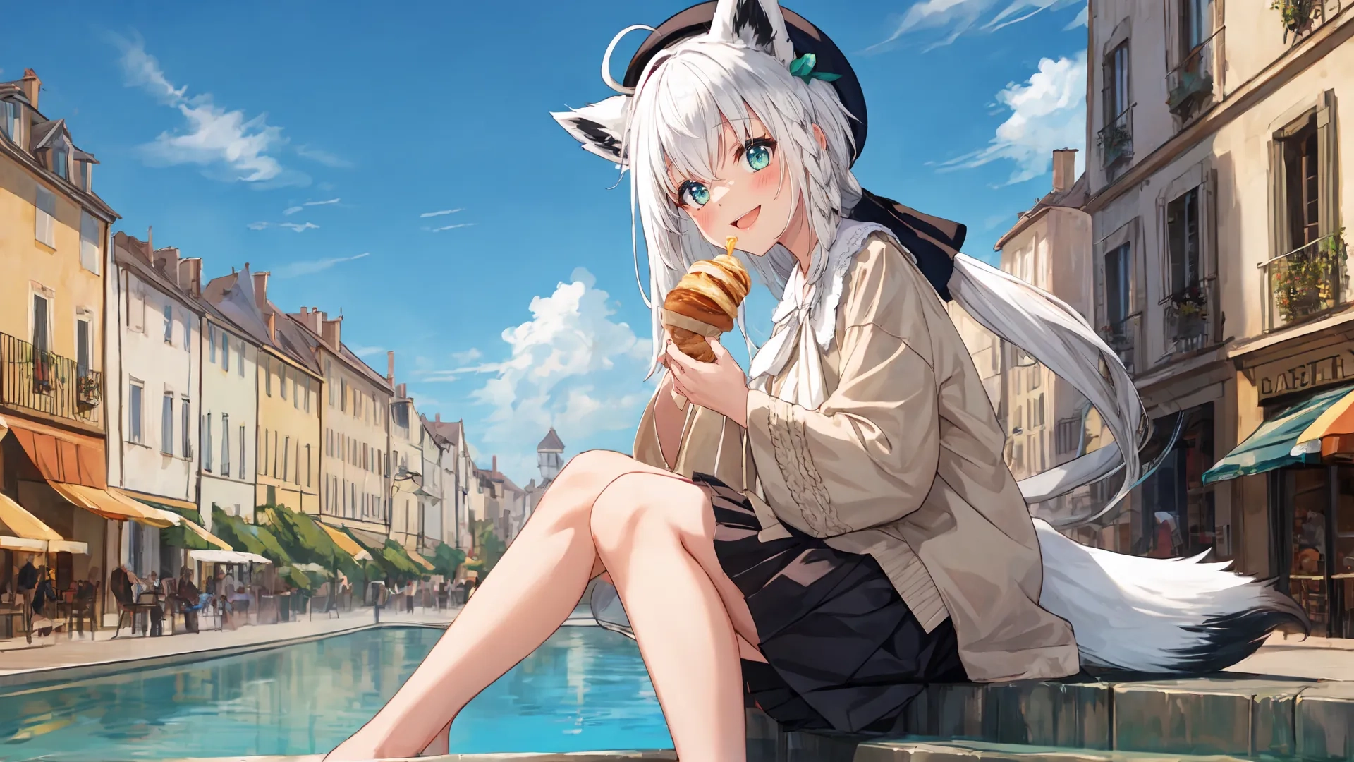 a pretty anime lady is eating an ice cream cone while sitting by the waters edge outside an alleyway outside buildings and walking shops there
