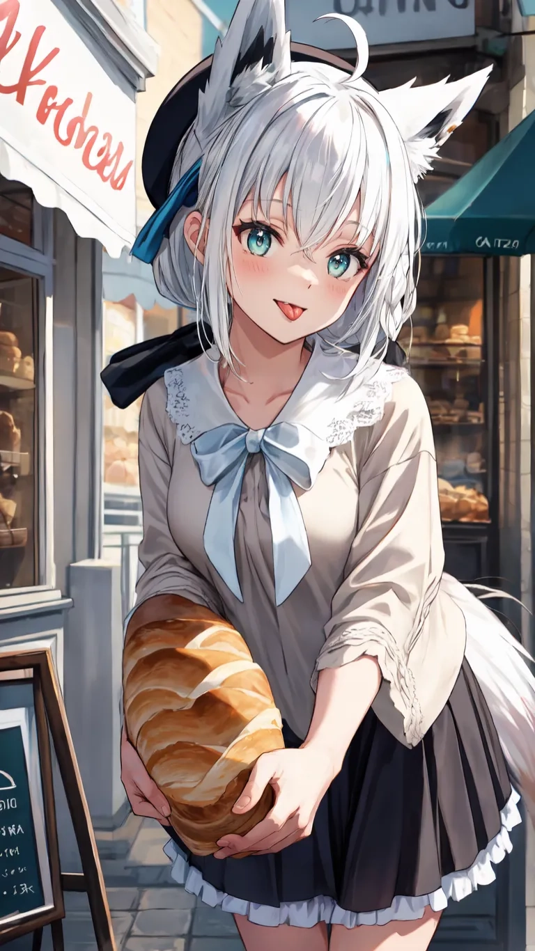 an anime character holding a piece of bread that has been placed on a table outside a storefront, while her clothes are short, and her ears are slightly up in a little bunty
