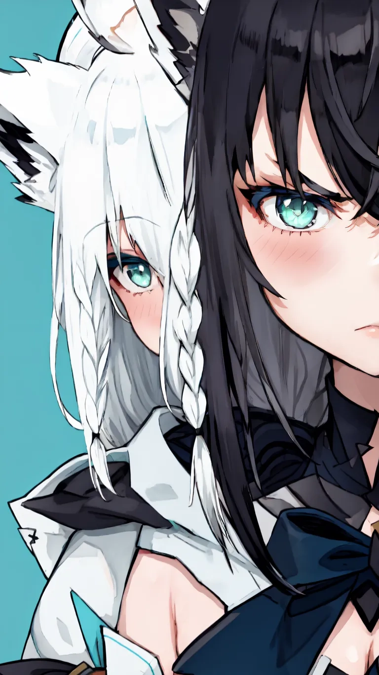 a anime with long black hair and very big ears with blue eyes and white cattails on her head in front of a blue background
