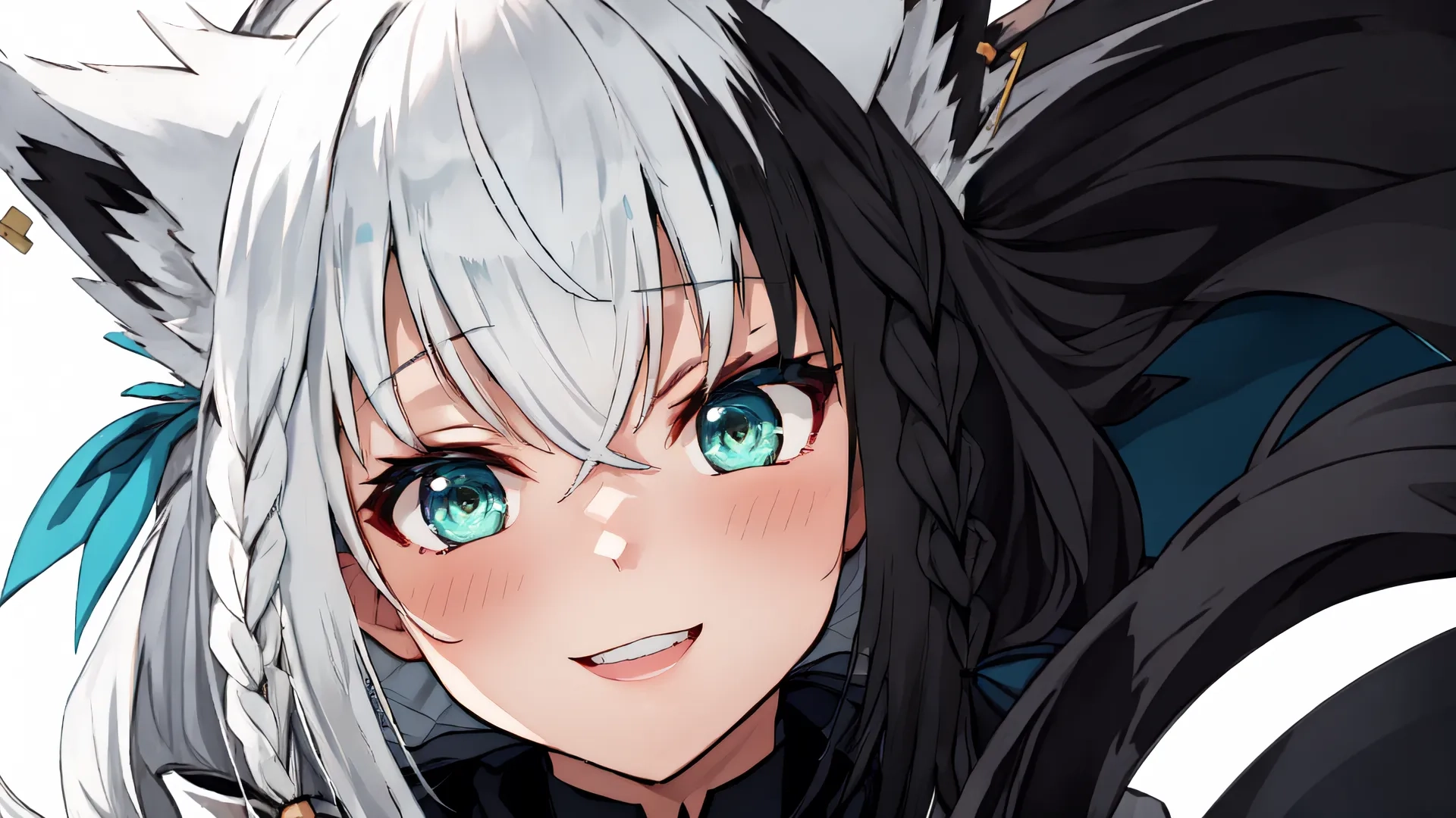 some sort of girl with white hair and blue eyes next to a wolf with grey hair sitting back beside her in front of the camera,
