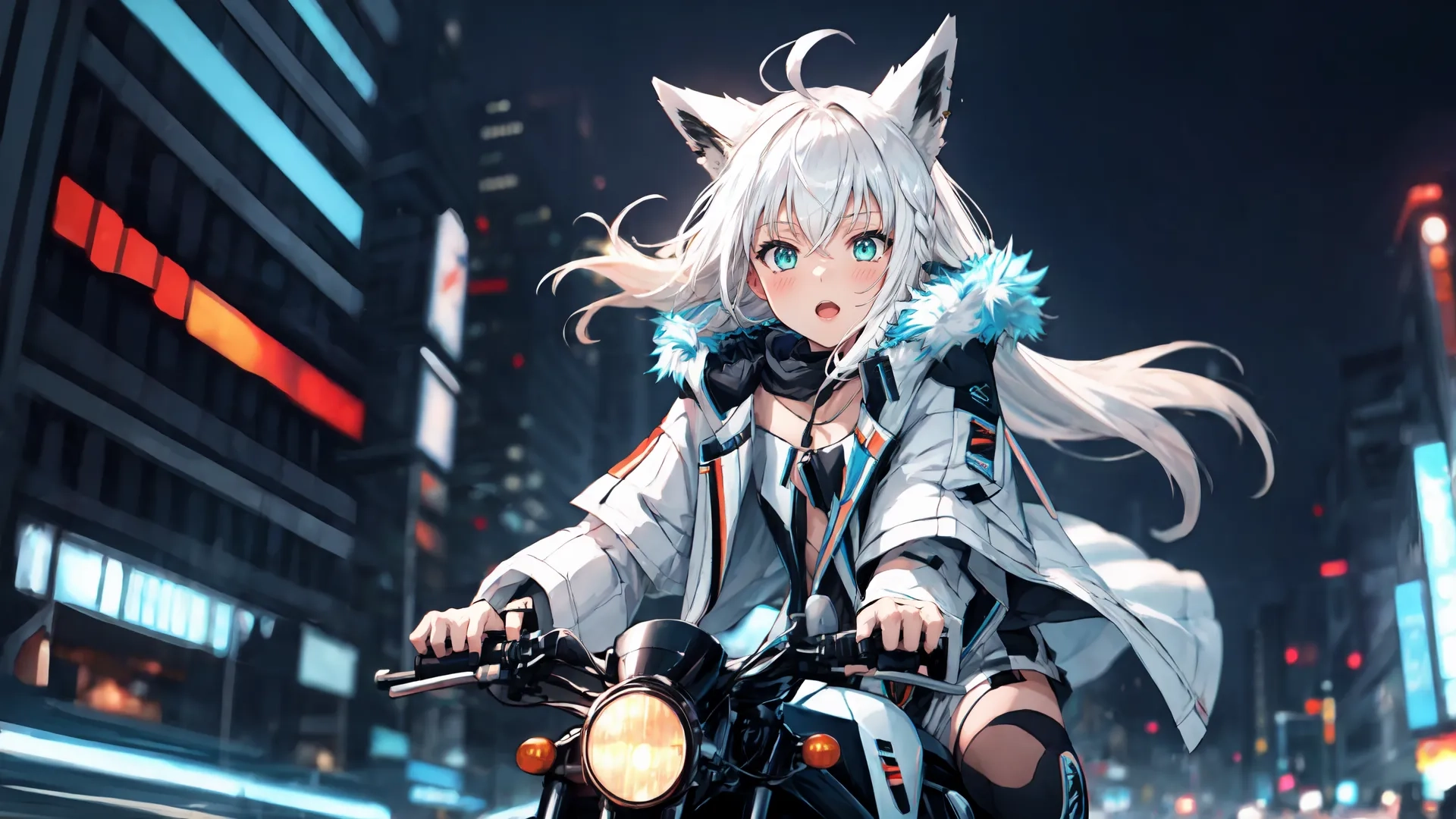 anime girl on motorcycle riding through city street at night with city lights and building buildings across river bank, with light trails coming down the sky to the left
