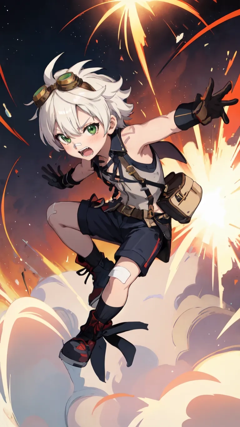 an anime - style female with long white hair flying through the air while carrying a weapon and shooting fireworks behind her as if she's just jumped
