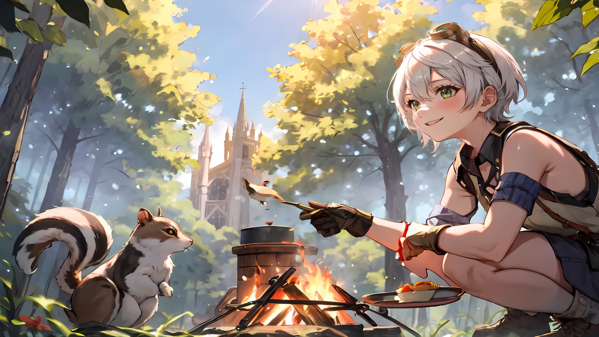 a woman kneeling down cooking something on a campfire next to two squirrels and a cathedral tower in the background and trees in the foreground
