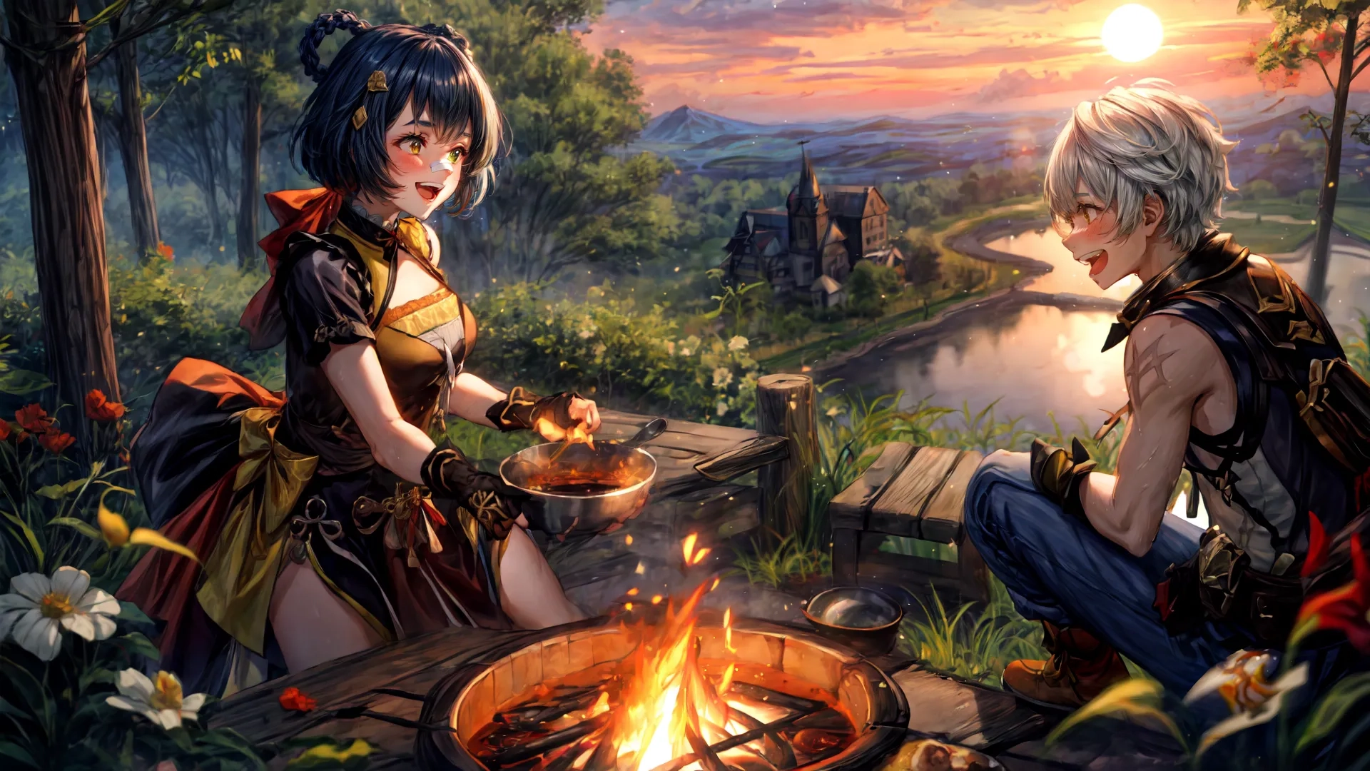 two anime girls cooking outside an open fire pit near a lake with flowers on it and a setting sun in the sky over her face
