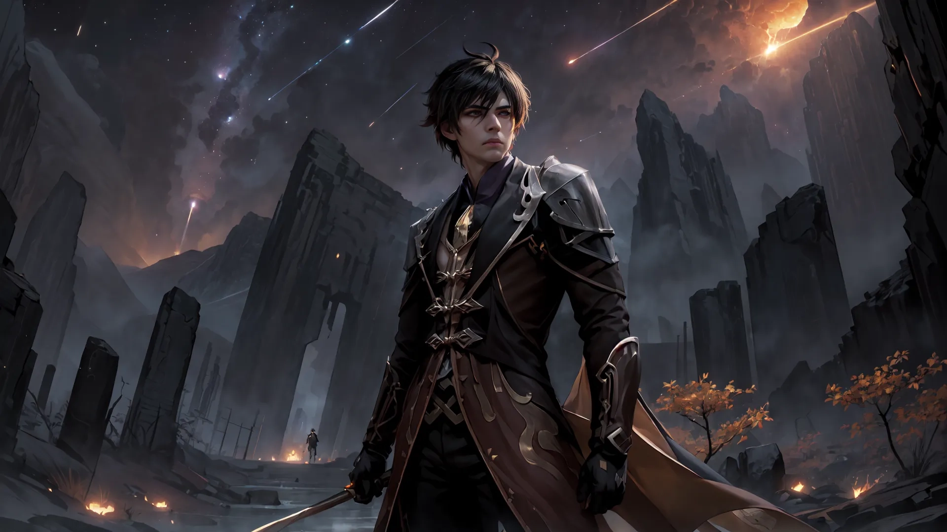 a person with a sword standing in front of a large city on a planet covered in snow and lightening stars, surrounded by buildings, by rocks and trees, looking at fire
