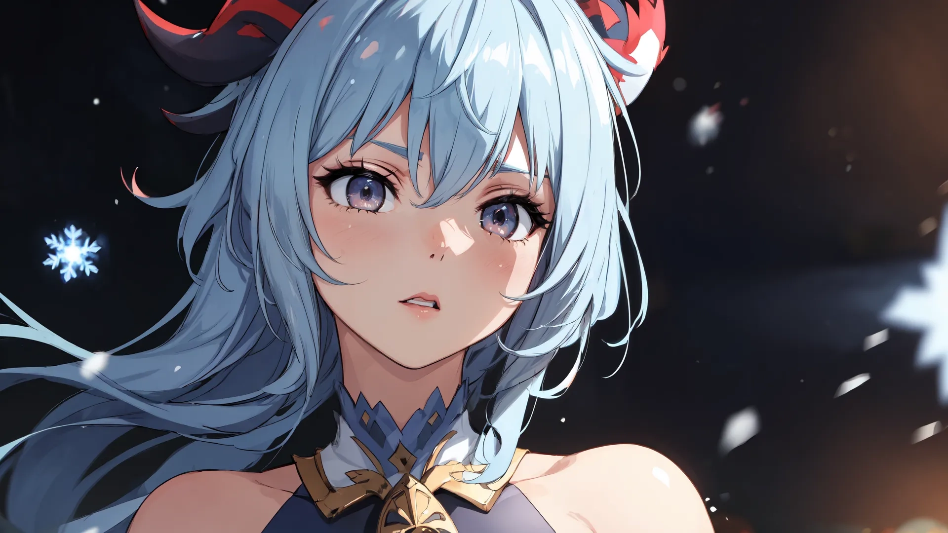 a person with long blue hair and a devil like headband is staring in a snowy sky background and snow flakes around them behind it
