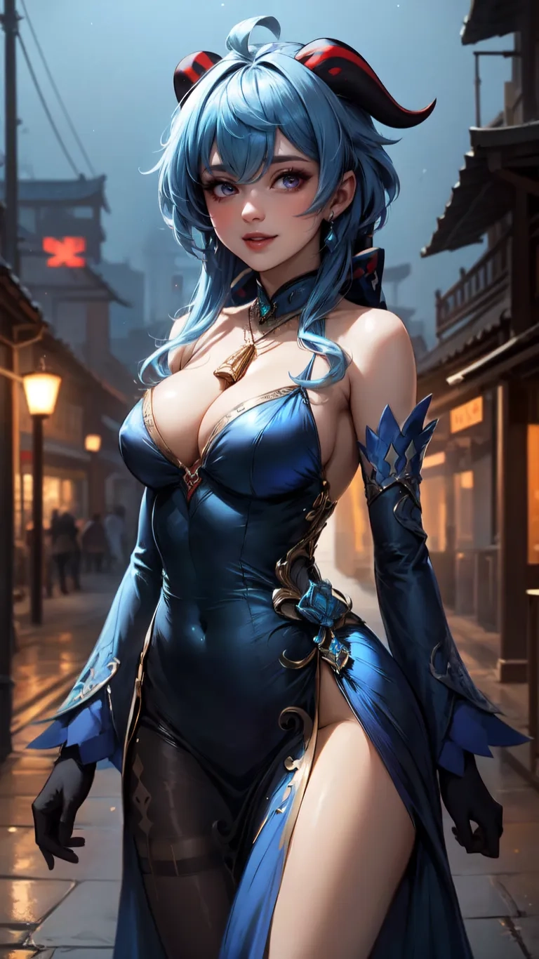 a anime style girl with long blue hair in a dark dress on a street at night, holding her breasts open and wearing a helmet
