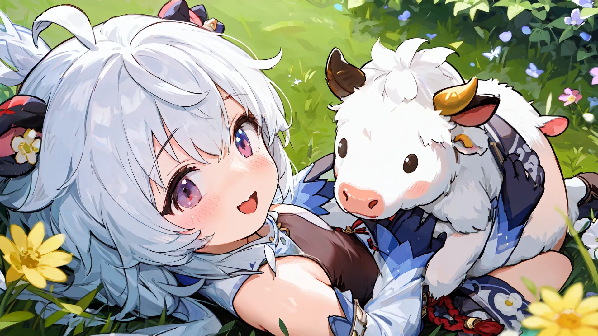 a girl in white wig lying on the ground next to a white cow and a yellow flower, grass and wild flowers, and trees with blue sky background in the grass
