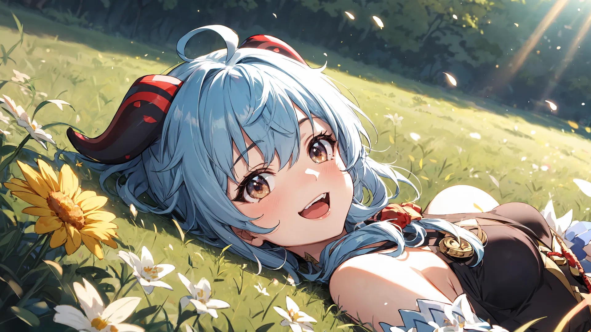 a girl with blue hair lays in the grass near a sunflowers and trees as if she is looking at something, a sun shines brightly behind her
