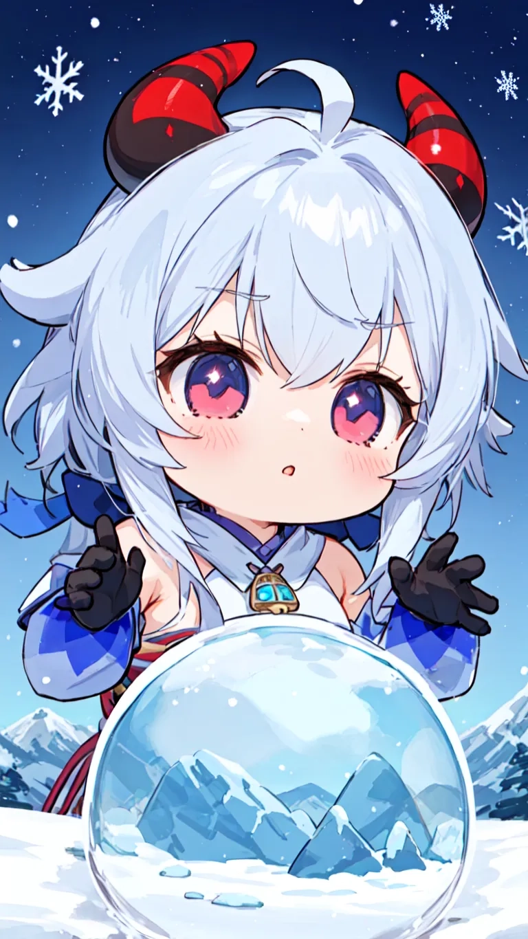 a digital animated image of a cute anime girl with very big eyes and black cats horns behind a glass ball covered in snow on a snowy field
