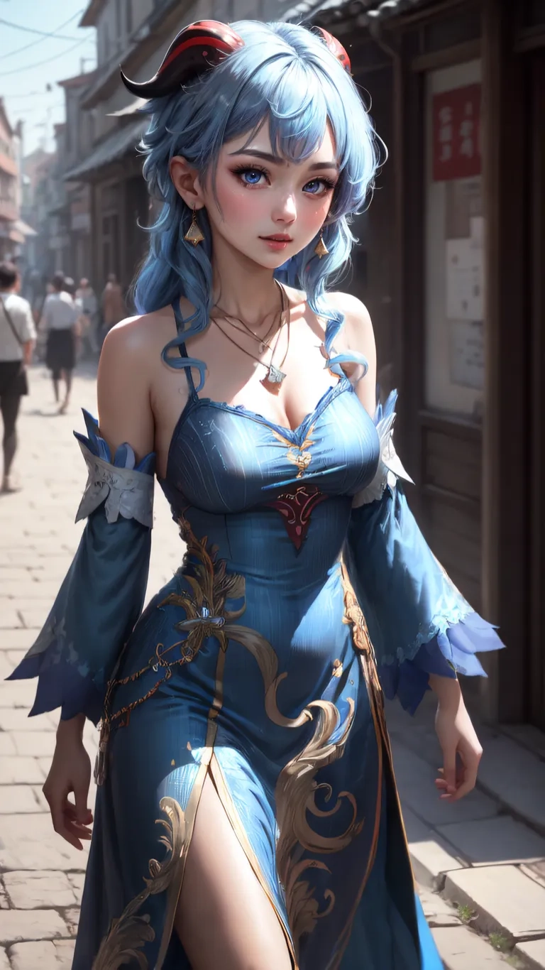 a woman with a blue dress is walking in an alley between shops in the city with flowers around her neck and hair coloring,
