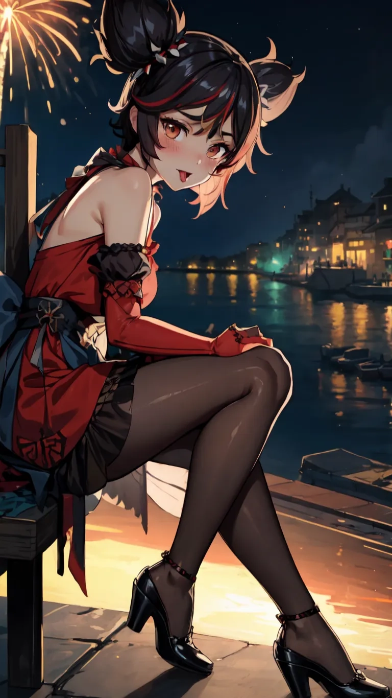 a woman with cat ears is sitting on a bench in a night and looking away from the sea with fireworks behind her at her face
