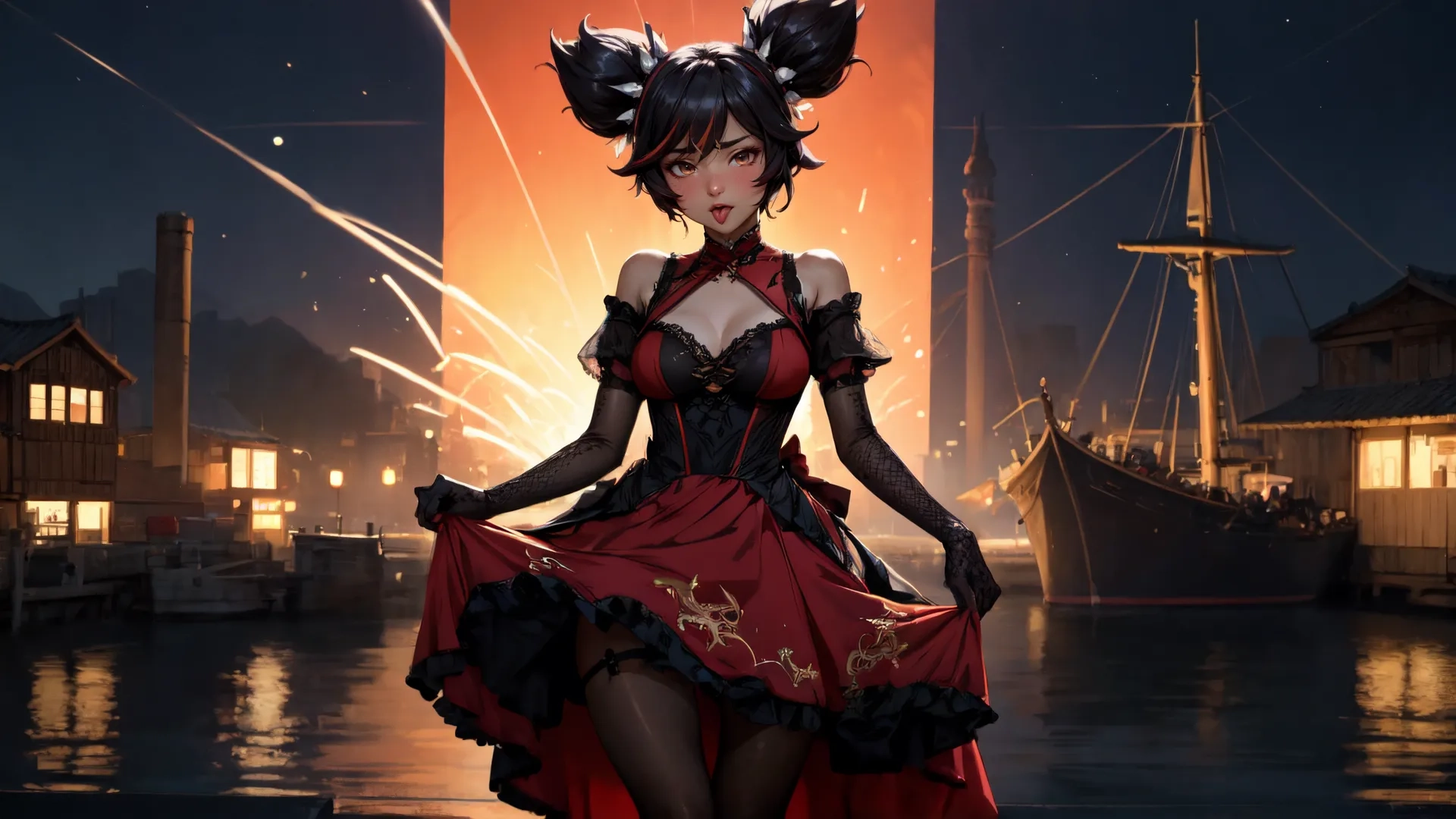 a woman in red dress standing next to a boat with birds over her shoulder and on her knees the woman is near a pier at night
