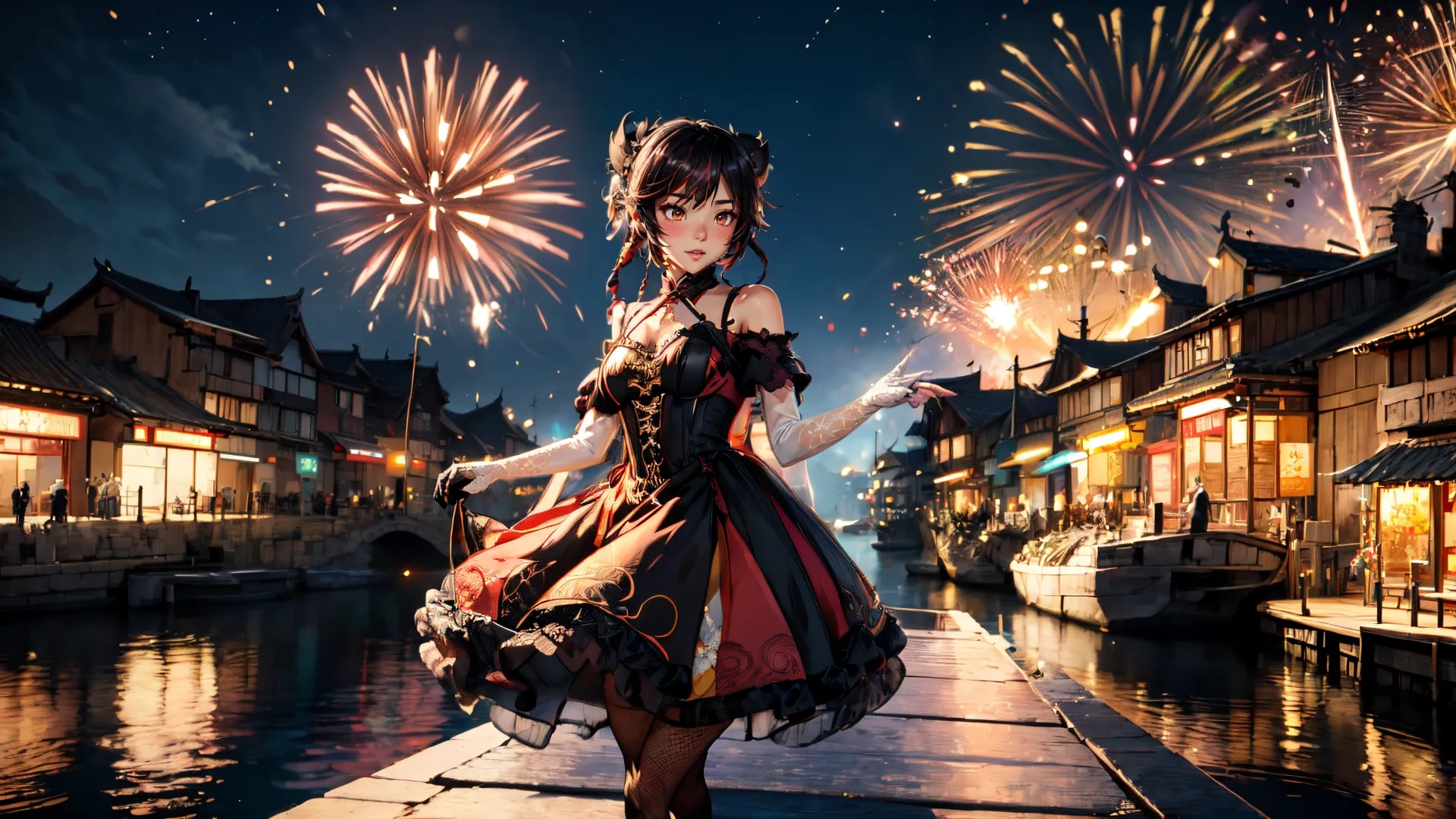 a woman is walking in the middle of a street with fireworks on the sky behind her on a pier to catch a meal with her
